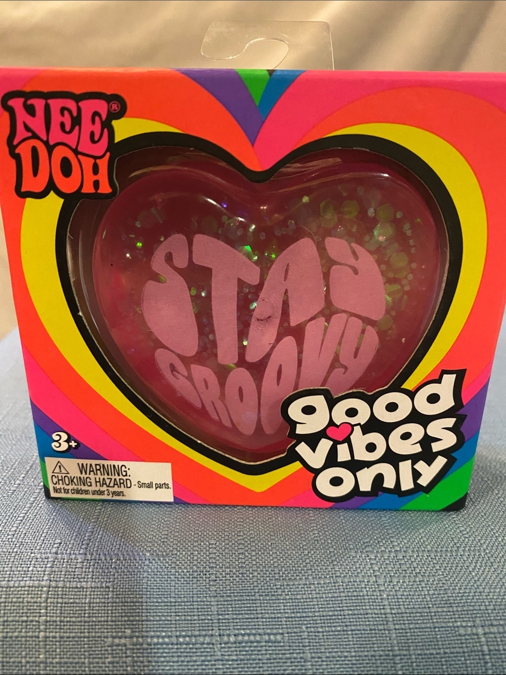 NEEDOH Heart Stay Groovy Good Vibes Only Pink Glitter Heart Squishy Toy NEW